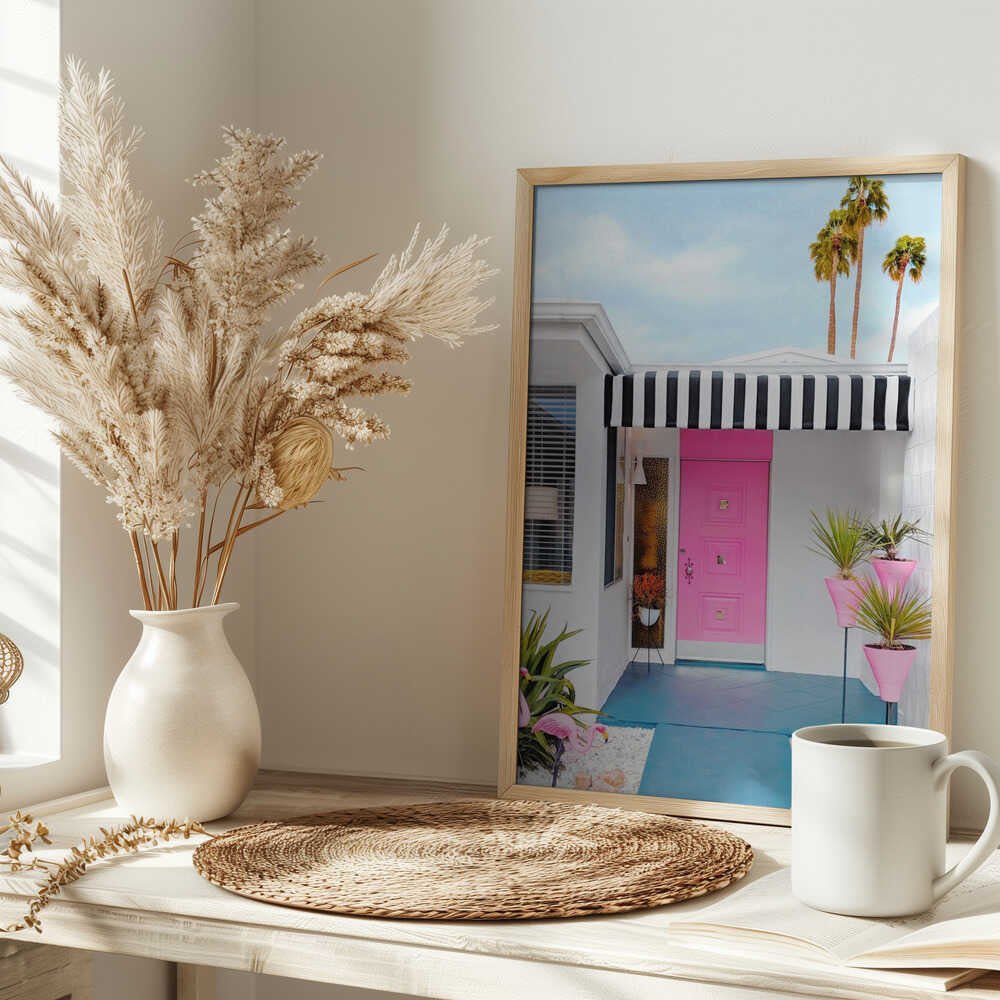 Pink Door with Yard Flamingos - Stretched Canvas, Poster or Fine Art Print - I Heart Wall Art - Poster Print, Canvas Print or Framed Art Print