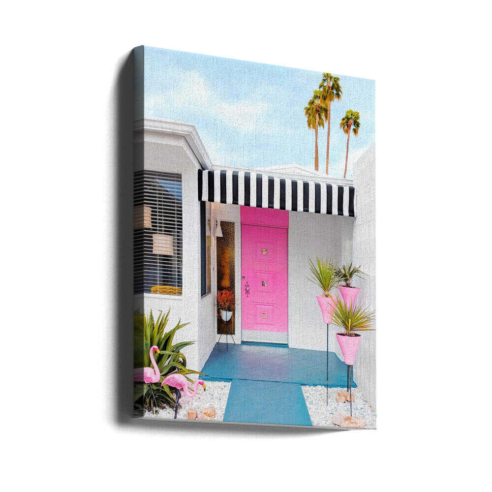 Pink Door with Yard Flamingos - Stretched Canvas, Poster or Fine Art Print - I Heart Wall Art - Poster Print, Canvas Print or Framed Art Print