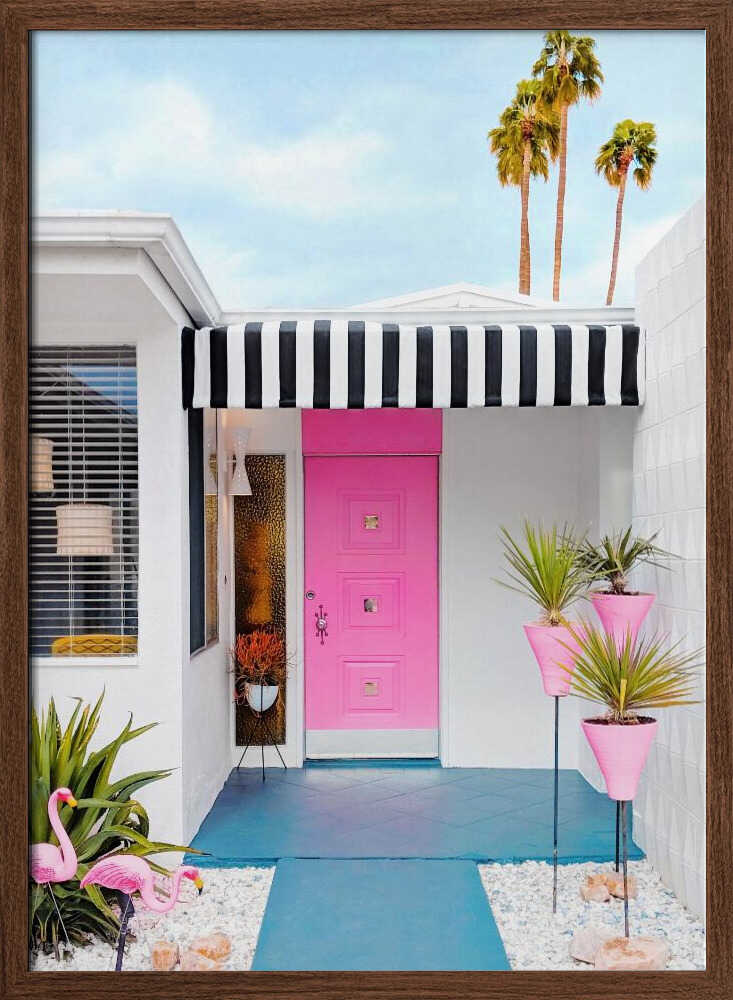 Pink Door with Yard Flamingos - Stretched Canvas, Poster or Fine Art Print - I Heart Wall Art - Poster Print, Canvas Print or Framed Art Print