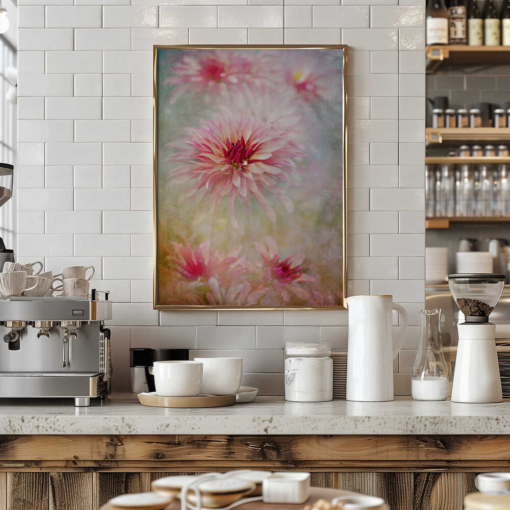 Pink Dreamy Dahlias - Floral Photographic Stretched Canvas Poster or Fine Art Print