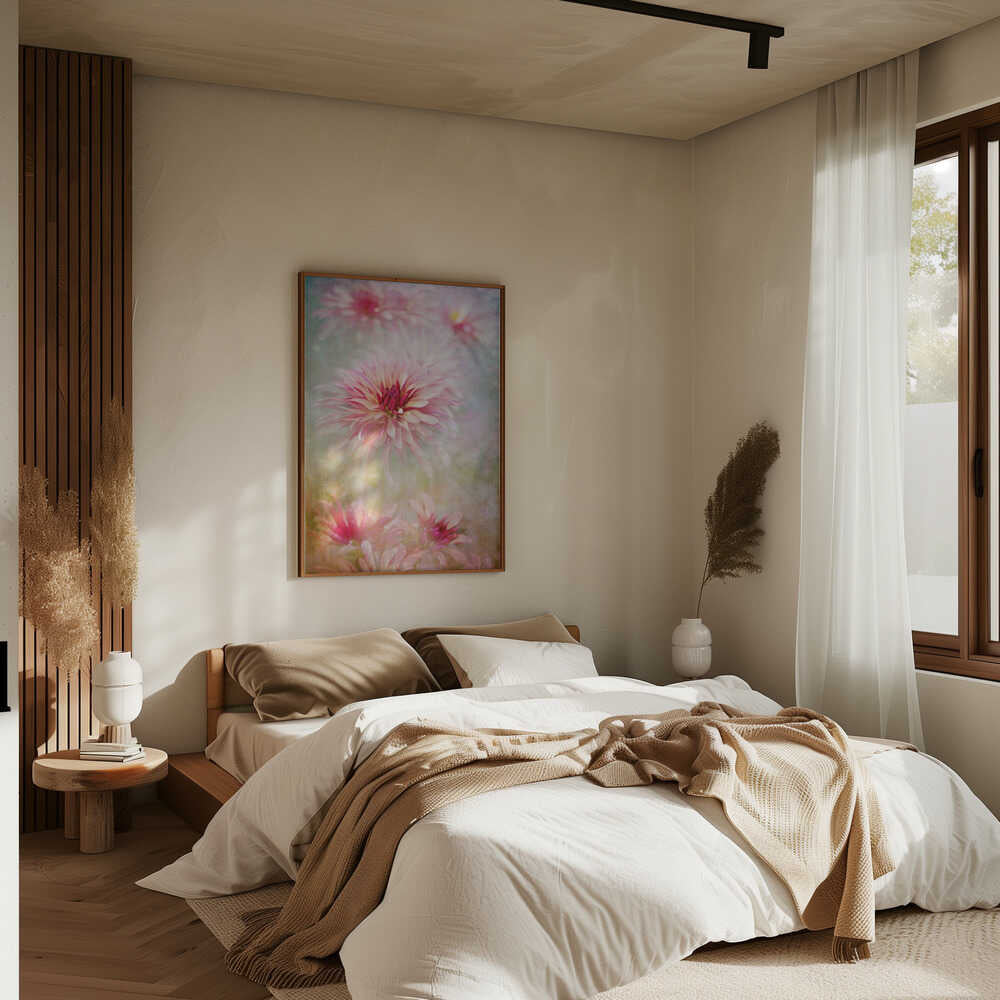 Pink Dreamy Dahlias - Floral Photographic Stretched Canvas Poster or Fine Art Print