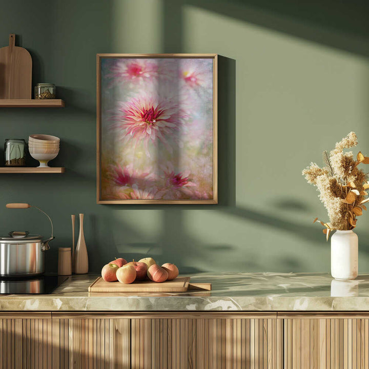 Pink Dreamy Dahlias - Floral Photographic Stretched Canvas Poster or Fine Art Print