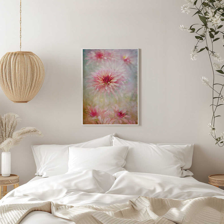 Pink Dreamy Dahlias - Floral Photographic Stretched Canvas Poster or Fine Art Print