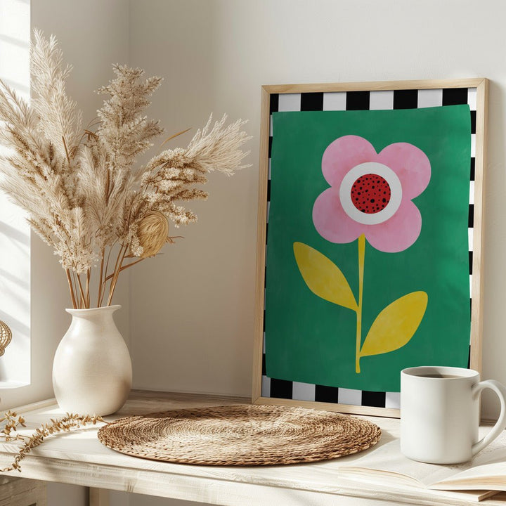 Pink Flower with Yellow Leaves - Stretched Canvas, Poster or Fine Art Print - I Heart Wall Art - Poster Print, Canvas Print or Framed Art Print