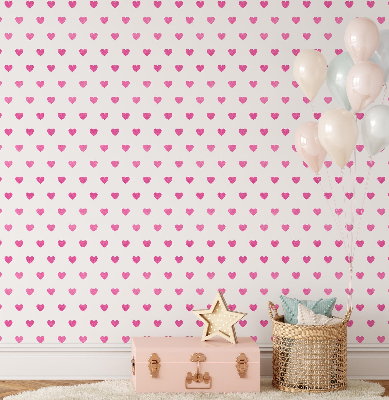 Pink Glitter-Look Loveheart Wallpaper - Quality Peel and Stick Adhesive