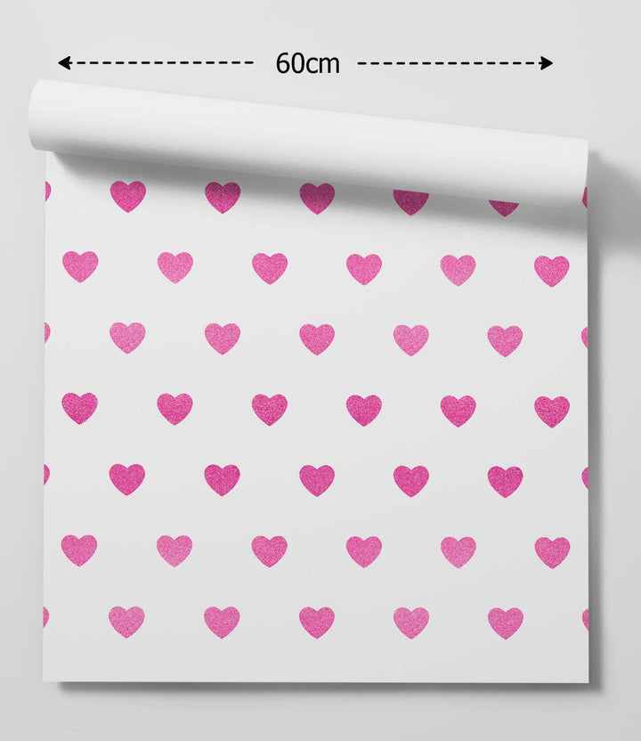 Pink Glitter-Look Loveheart Wallpaper - Quality Peel and Stick Adhesive