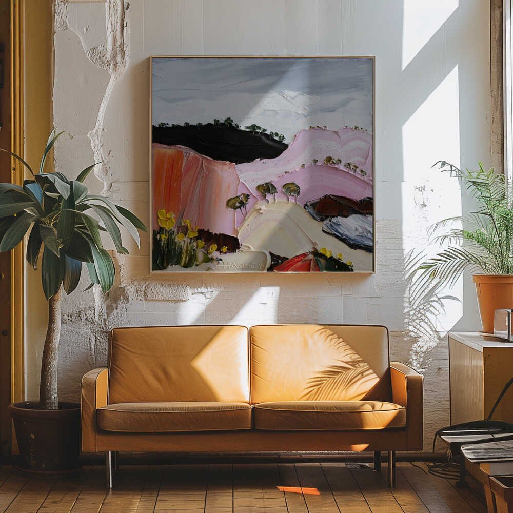 Pink Hillside Blooms - Square Stretched Canvas, Poster or Fine Art Print by Angela Hawkey - I Heart Wall Art - Poster Print, Canvas Print or Framed Art Print