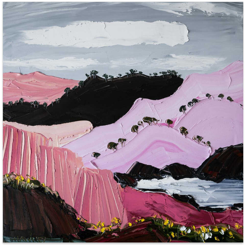 Pink Mountain Coast - Square Stretched Canvas, Poster or Fine Art Print by Angela Hawkey - I Heart Wall Art - Poster Print, Canvas Print or Framed Art Print