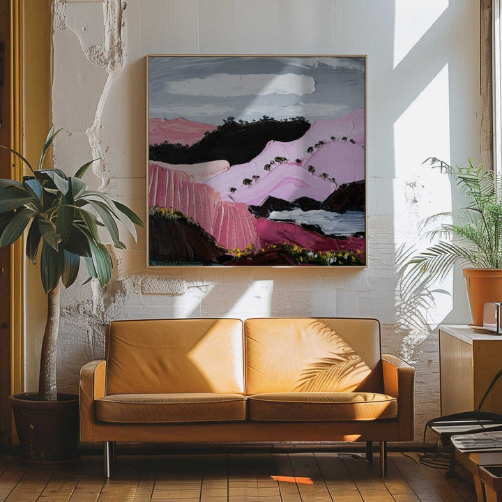 Pink Mountain Coast - Square Stretched Canvas, Poster or Fine Art Print by Angela Hawkey - I Heart Wall Art - Poster Print, Canvas Print or Framed Art Print