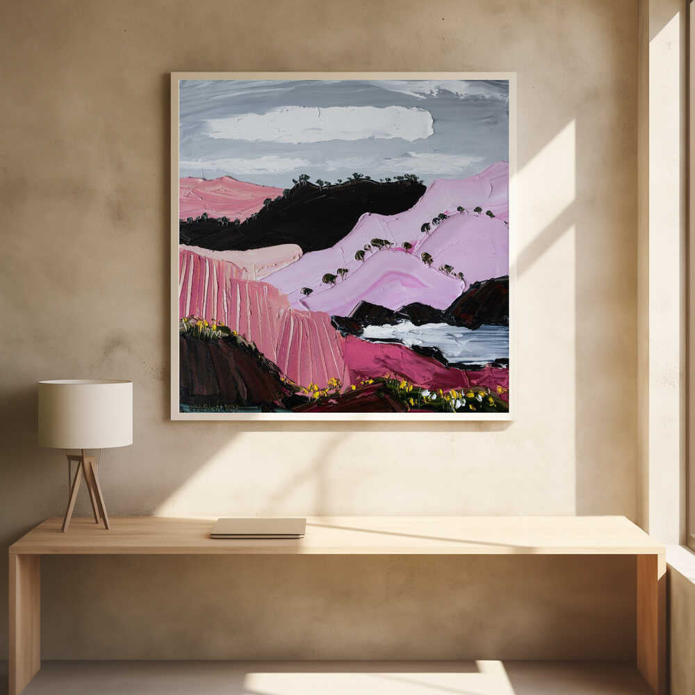 Pink Mountain Coast - Square Stretched Canvas, Poster or Fine Art Print by Angela Hawkey - I Heart Wall Art - Poster Print, Canvas Print or Framed Art Print
