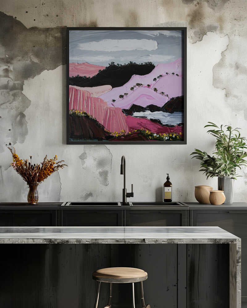 Pink Mountain Coast - Square Stretched Canvas, Poster or Fine Art Print by Angela Hawkey - I Heart Wall Art - Poster Print, Canvas Print or Framed Art Print