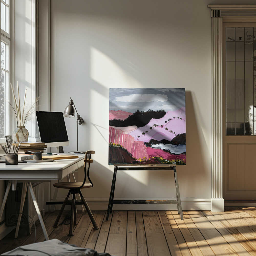 Pink Mountain Coast - Square Stretched Canvas, Poster or Fine Art Print by Angela Hawkey - I Heart Wall Art - Poster Print, Canvas Print or Framed Art Print