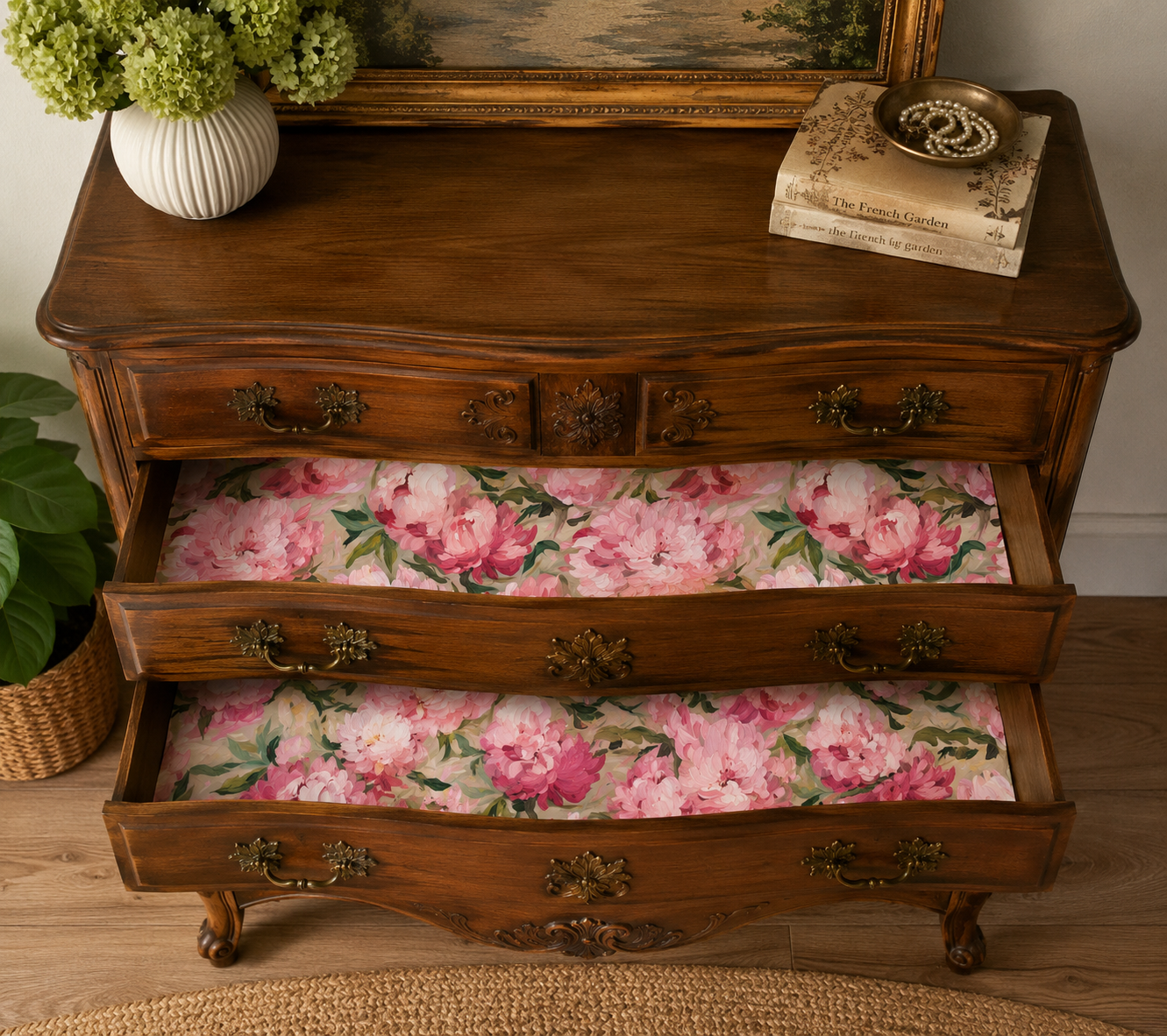 Pink Painted Peony Drawer Liners - Classic Style Liner for Furniture
