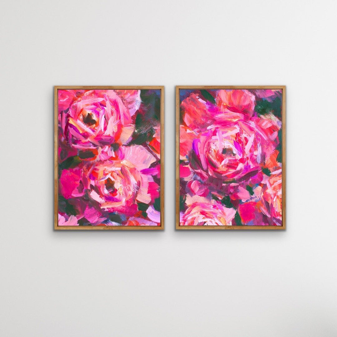 Pink Peony Pair - Two Piece Pink Peony Floral Oil Painting on Stretched Canvas Framed Wall Art Diptych - I Heart Wall Art
