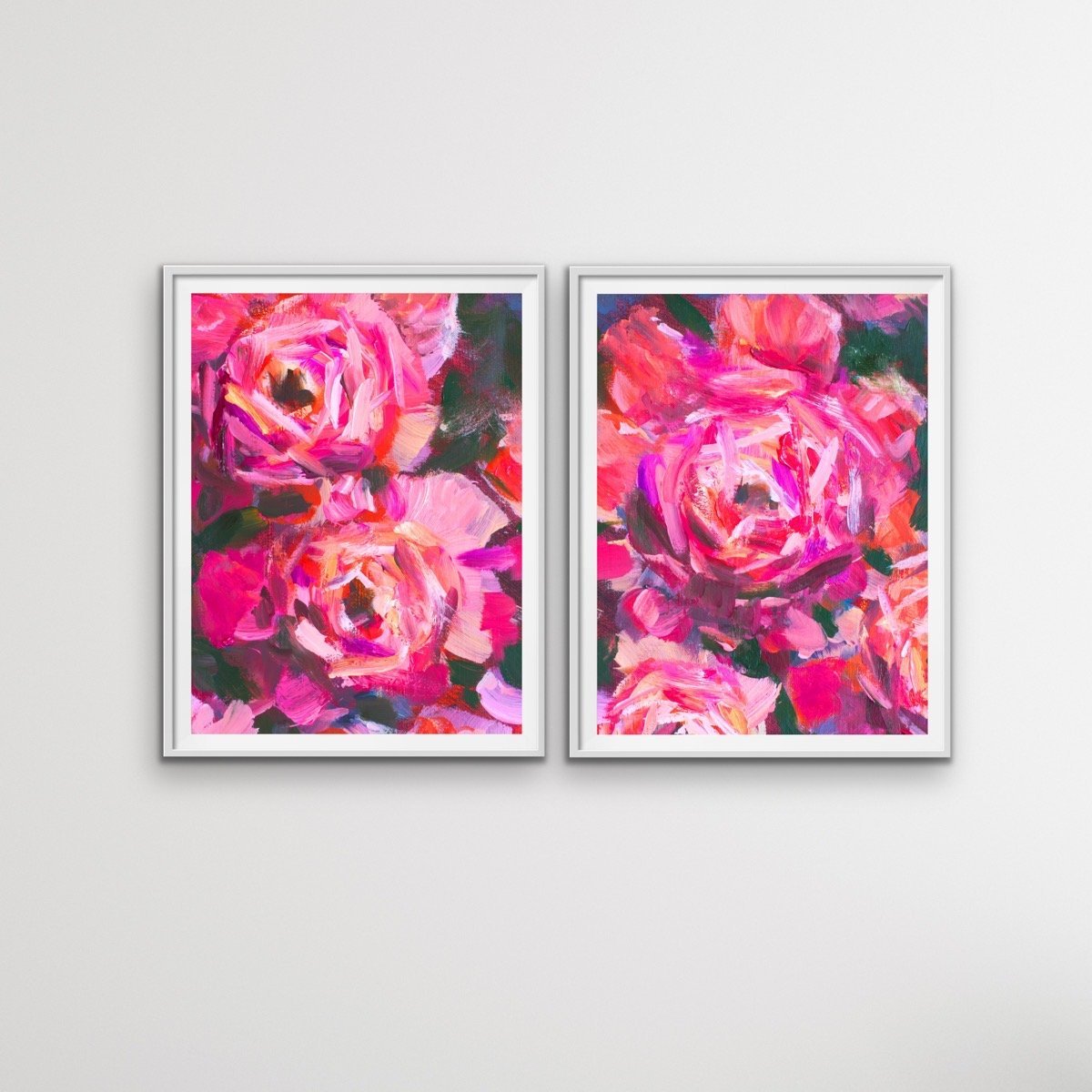 Pink Peony Pair - Two Piece Pink Peony Floral Oil Painting on Stretched Canvas Framed Wall Art Diptych - I Heart Wall Art