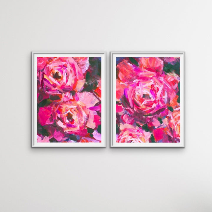 Pink Peony Pair - Two Piece Pink Peony Floral Oil Painting on Stretched Canvas Framed Wall Art Diptych - I Heart Wall Art