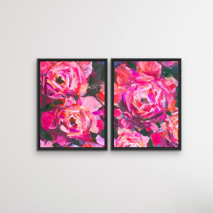 Pink Peony Pair - Two Piece Pink Peony Floral Oil Painting on Stretched Canvas Framed Wall Art Diptych - I Heart Wall Art