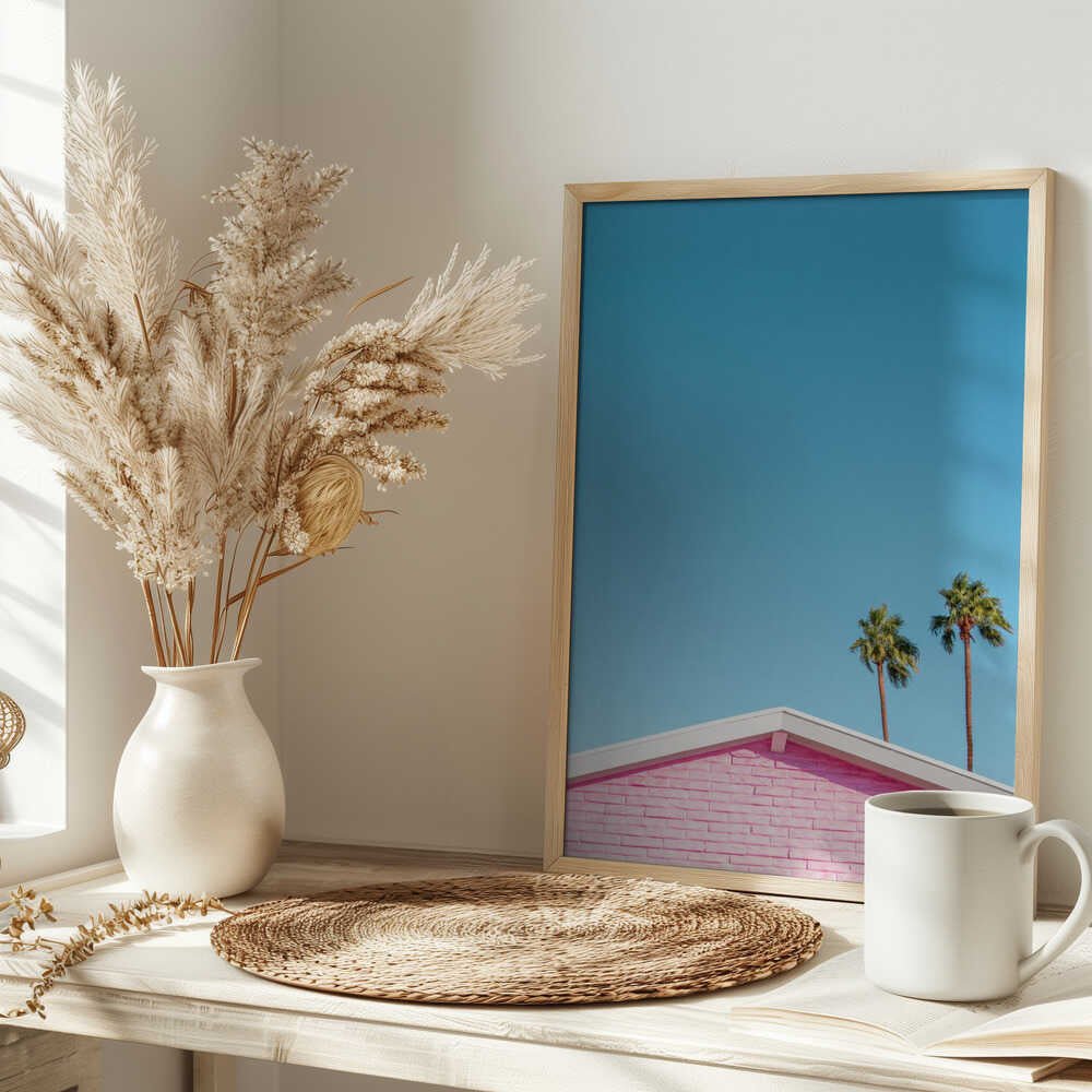 Pink Roofline with Palm Trees - Stretched Canvas, Poster or Fine Art Print - I Heart Wall Art - Poster Print, Canvas Print or Framed Art Print
