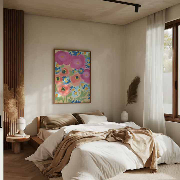 Pink Roses And Coral Anemones - Stretched Canvas, Poster or Fine Art Print I Heart Wall Art