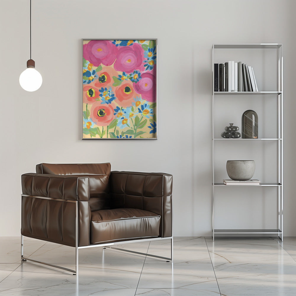 Pink Roses And Coral Anemones - Stretched Canvas, Poster or Fine Art Print I Heart Wall Art