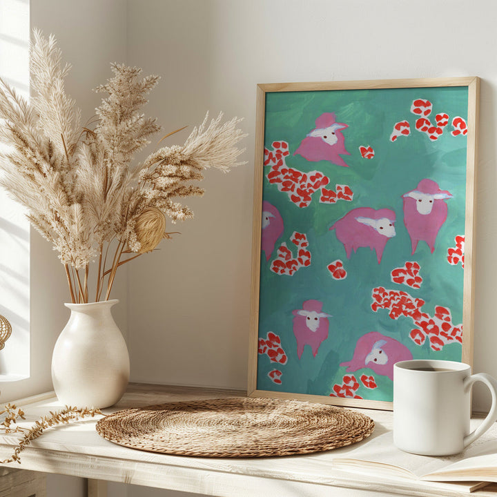 Pink Sheep On A Green Meadow - Stretched Canvas, Poster or Fine Art Print I Heart Wall Art