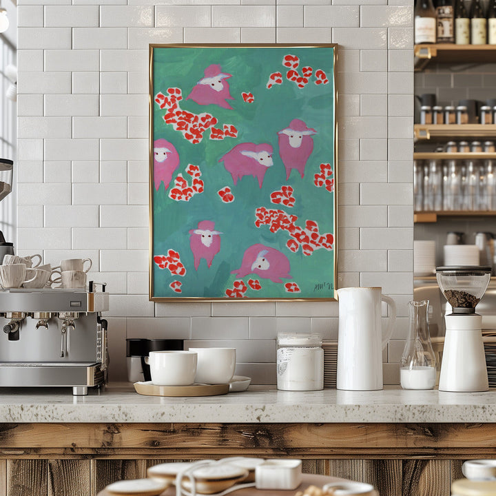 Pink Sheep On A Green Meadow - Stretched Canvas, Poster or Fine Art Print I Heart Wall Art