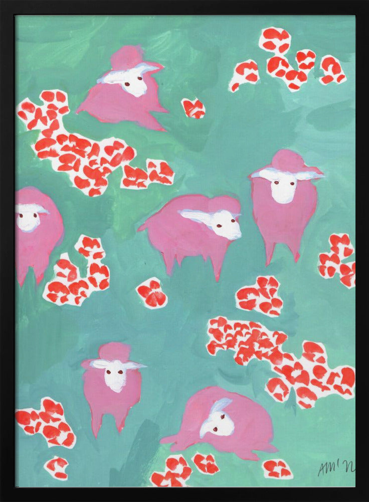 Pink Sheep On A Green Meadow - Stretched Canvas, Poster or Fine Art Print I Heart Wall Art