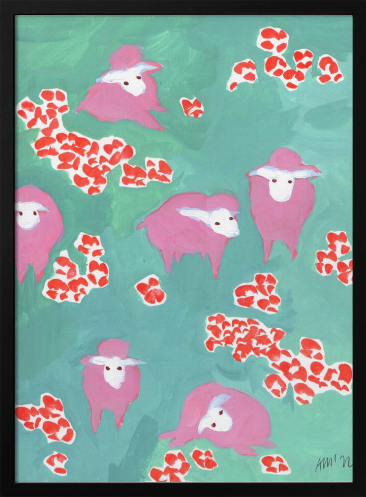 Pink Sheep On A Green Meadow - Stretched Canvas, Poster or Fine Art Print I Heart Wall Art
