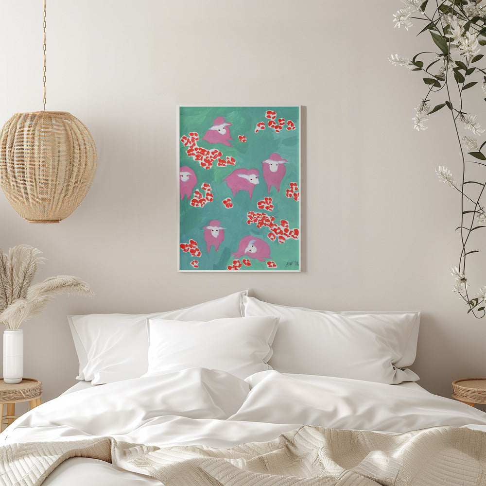 Pink Sheep On A Green Meadow - Stretched Canvas, Poster or Fine Art Print I Heart Wall Art