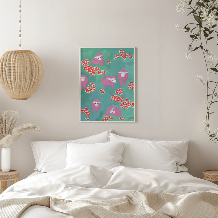 Pink Sheep On A Green Meadow - Stretched Canvas, Poster or Fine Art Print I Heart Wall Art