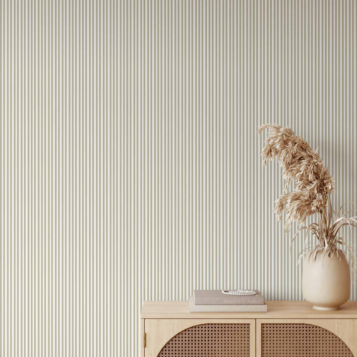Pistachio Pinstripe - Thin Stripe Beige/Green and White Wallpaper
