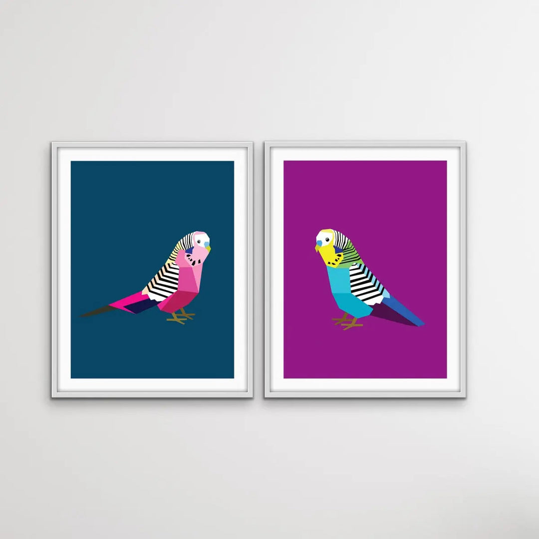 Poly Budgies Two Piece Set - Colourful Budgerigar Print Set Diptych - I Heart Wall Art