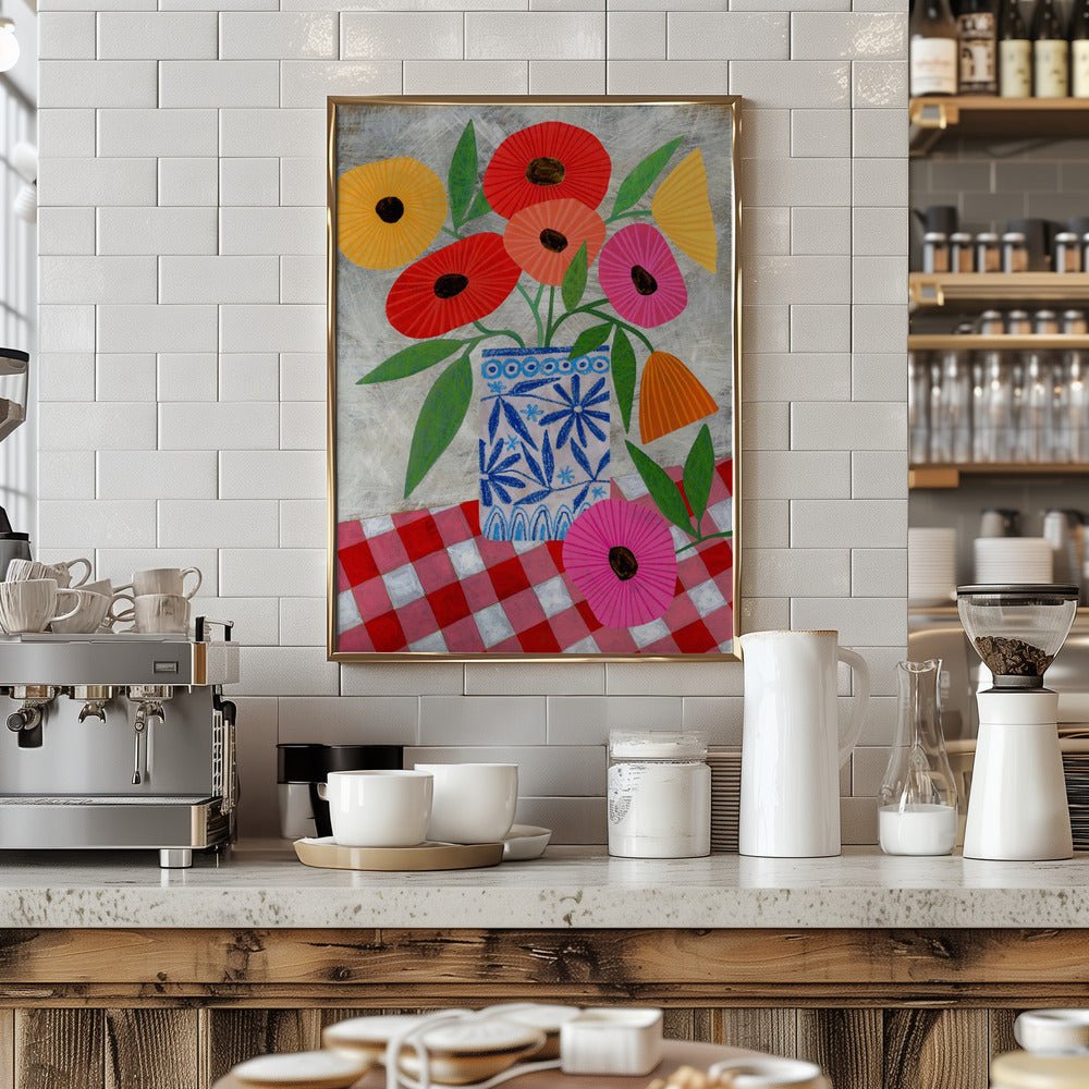 Poppies In A Patterned Vase - Stretched Canvas, Poster or Fine Art Print - I Heart Wall Art - Poster Print, Canvas Print or Framed Art Print