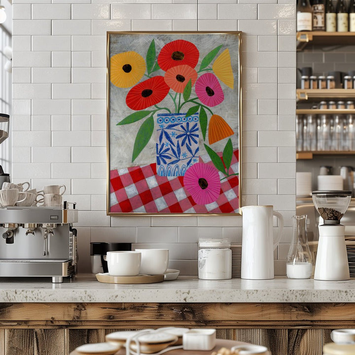 Poppies In A Patterned Vase - Stretched Canvas, Poster or Fine Art Print - I Heart Wall Art - Poster Print, Canvas Print or Framed Art Print