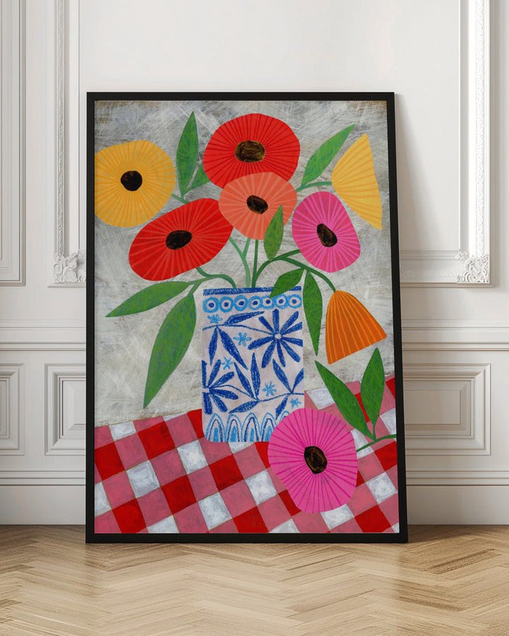Poppies In A Patterned Vase - Stretched Canvas, Poster or Fine Art Print - I Heart Wall Art - Poster Print, Canvas Print or Framed Art Print