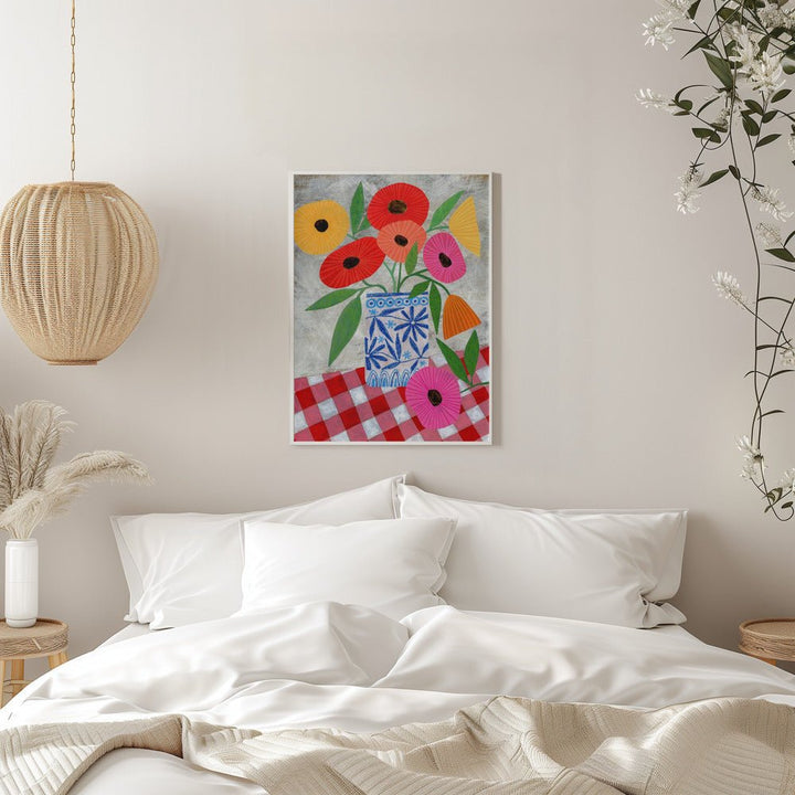 Poppies In A Patterned Vase - Stretched Canvas, Poster or Fine Art Print - I Heart Wall Art - Poster Print, Canvas Print or Framed Art Print