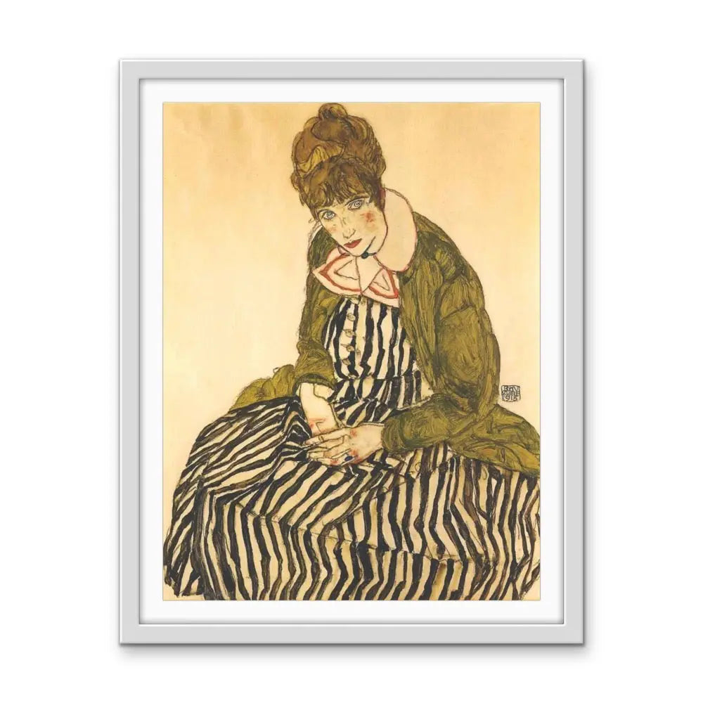 Portrait of Edith Schiele with Striped Dress, Sitting by Egon Schiele - Stretched Canvas Print or Framed Fine Art Print - Artwork - I Heart Wall Art