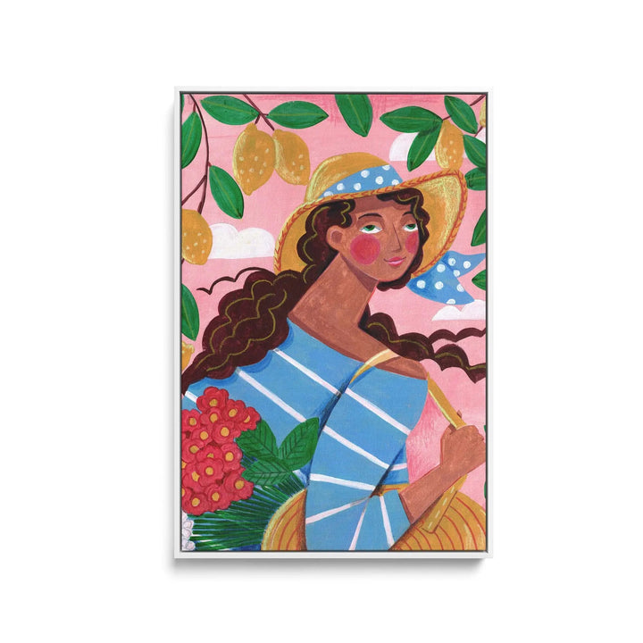 Portrait of woman in Amalfi coast Italy stretched canvas print featuring vibrant straw hat and floral basket on pink background