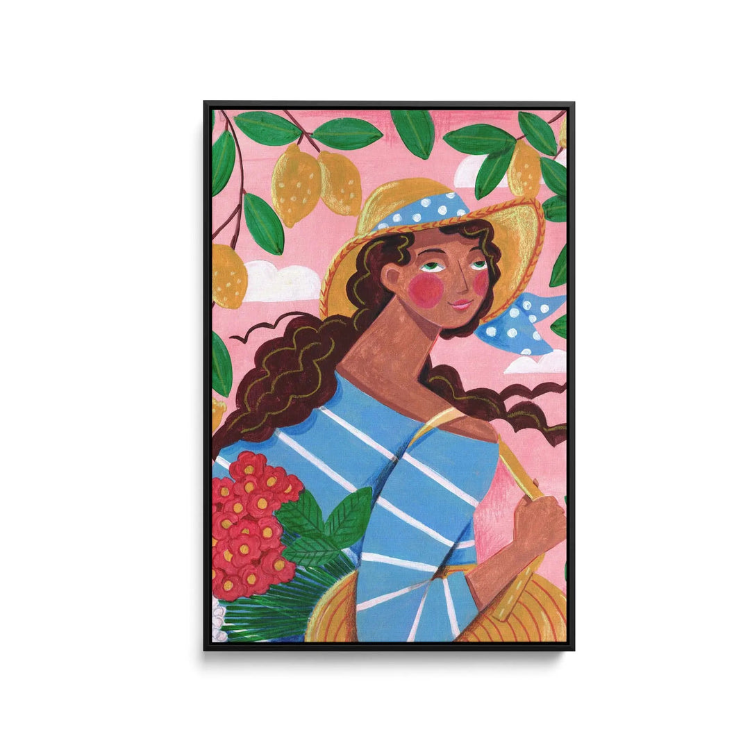 A vibrant stretched canvas print of a woman in a straw hat holding red flowers on Amalfi coast by Caroline Bonne Muller