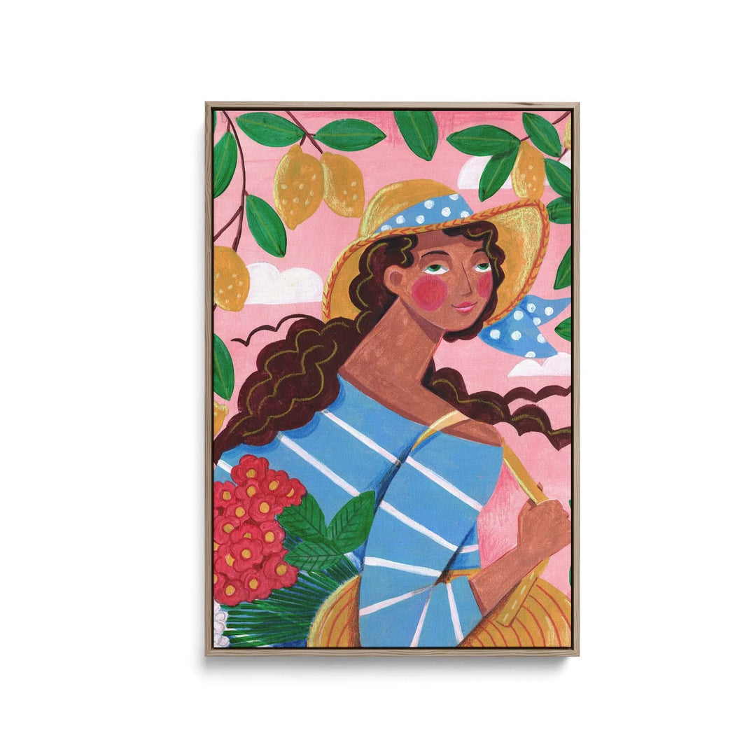 Vibrant stretched canvas print of woman in blue striped top and straw hat among lemon trees on amalfi coast by caroline bonne muller
