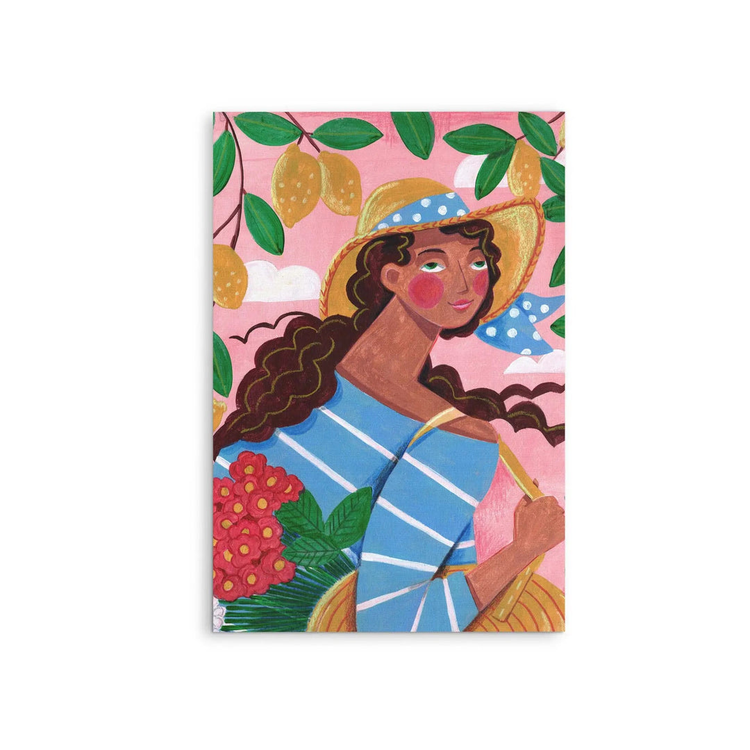 Vibrant stretched canvas print of a stylized woman in a straw hat holding red flowers with lemon branches background