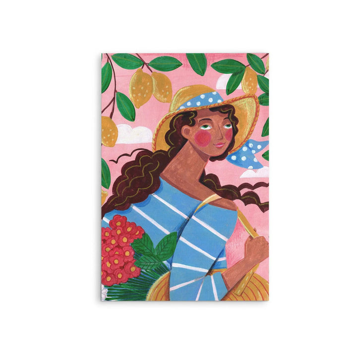 Vibrant stretched canvas print of a stylized woman in a straw hat holding red flowers with lemon branches background