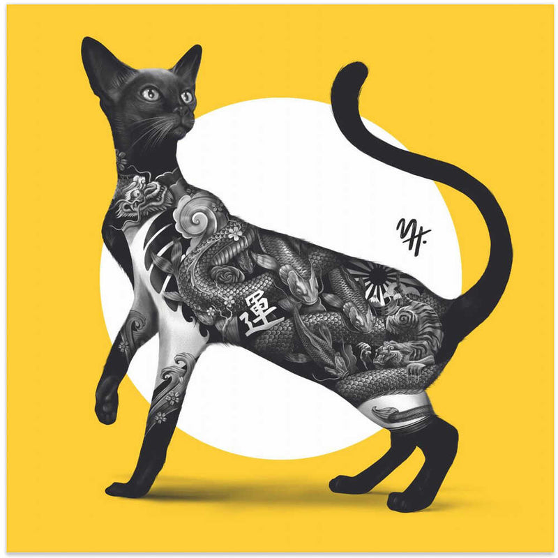 Japanese Cat Tattoo Yellow - Square Stretched Canvas, Poster or Fine Art Print