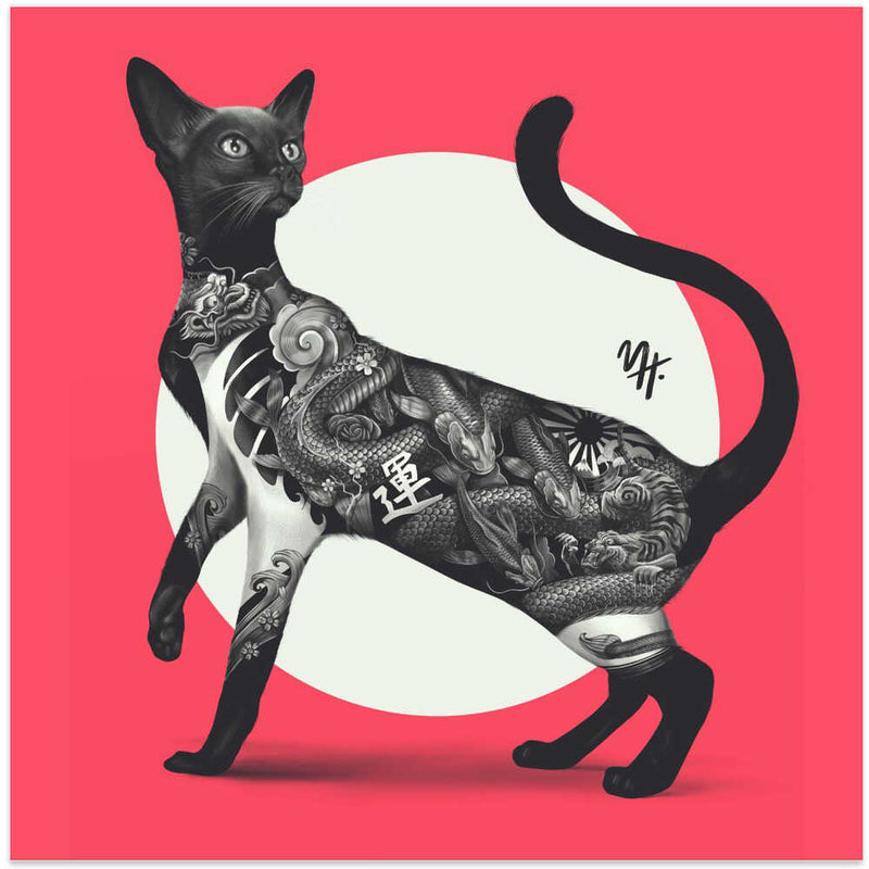 Japanese Cat Tattoo Red - Square Stretched Canvas, Poster or Fine Art Print