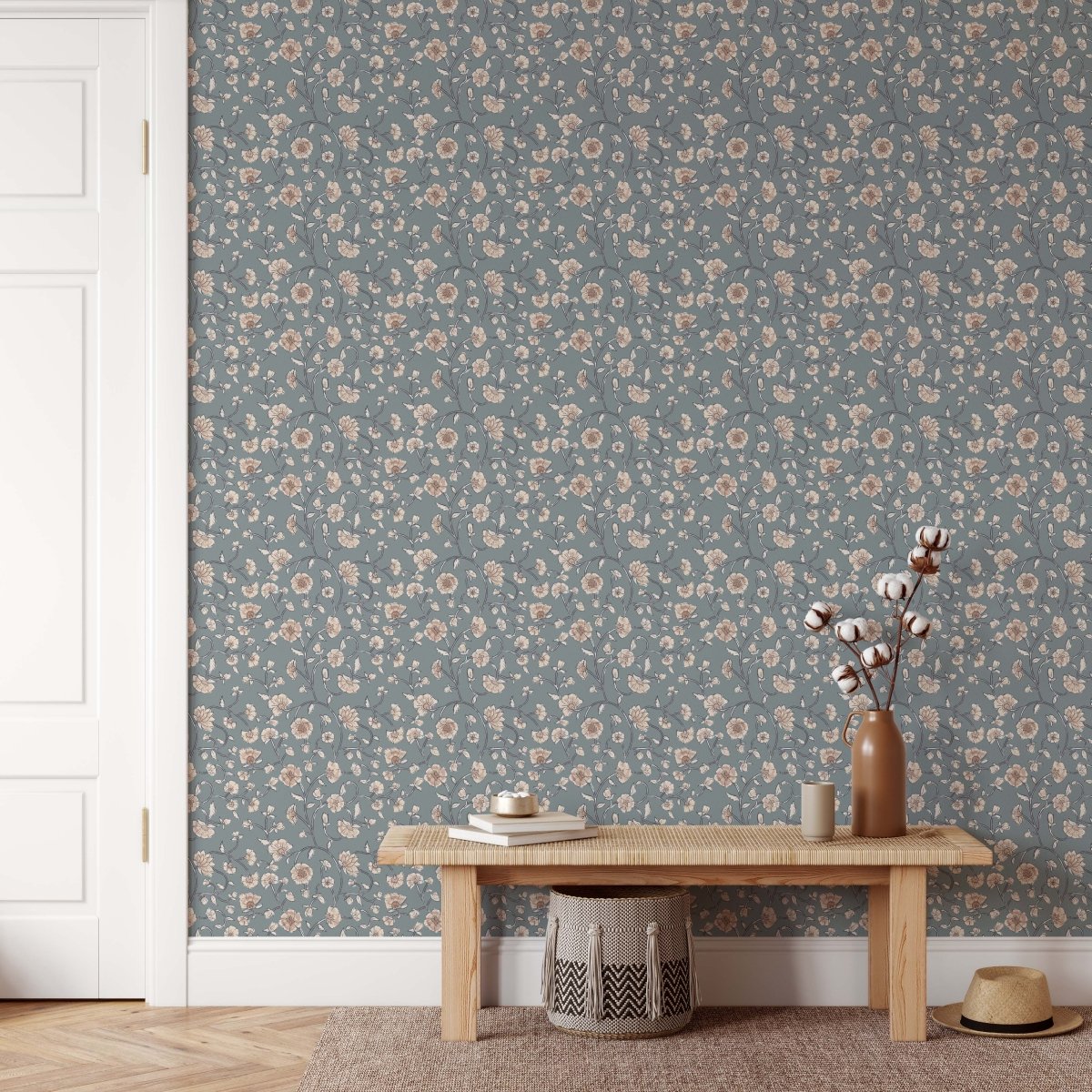 'Pretty & Prim' - Vintage Blue and Cream Floral Removable Wallpaper - I Heart Wall Art - Poster Print, Canvas Print or Framed Art Print