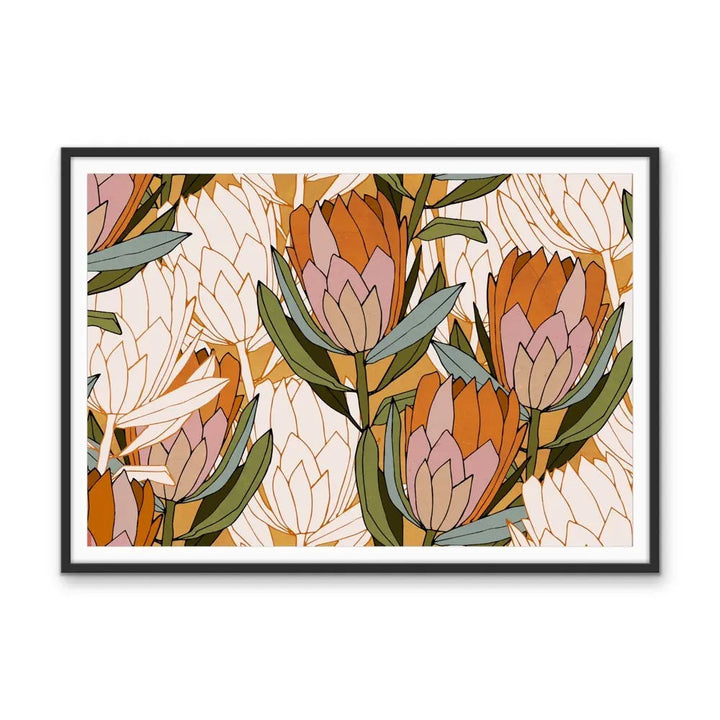 Protea Garden - Orange and Green Collage-Style Native Floral Artwork- Canvas Or Art Print I Heart Wall Art Australia 