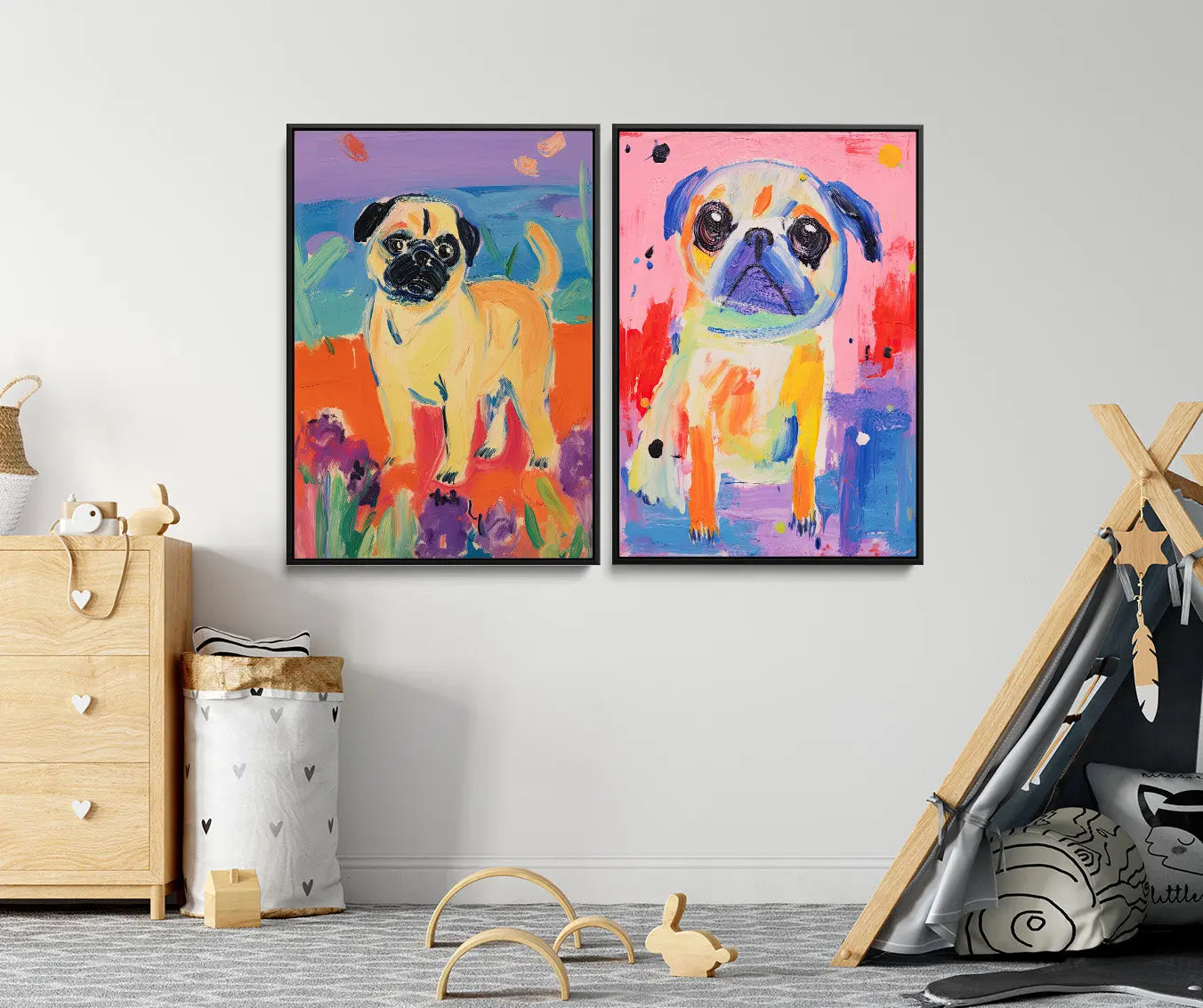 Two vibrant framed pug paintings with bold brushstrokes and colorful backgrounds in a kids print set
