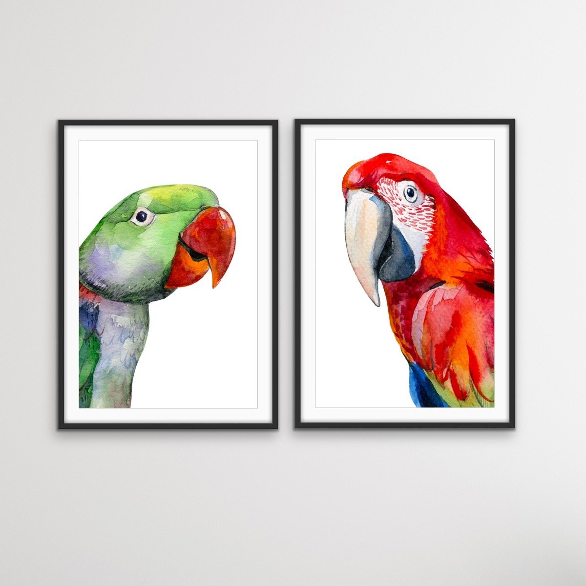 Red and Green Parrots - Watercolour Artwork Print Set of Red and Green Parrots Diptych - I Heart Wall Art