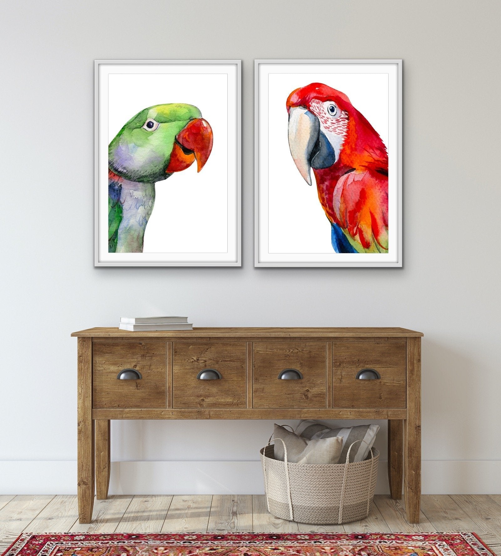 Red and Green Parrots - Watercolour Artwork Print Set of Red and Green Parrots Diptych - I Heart Wall Art