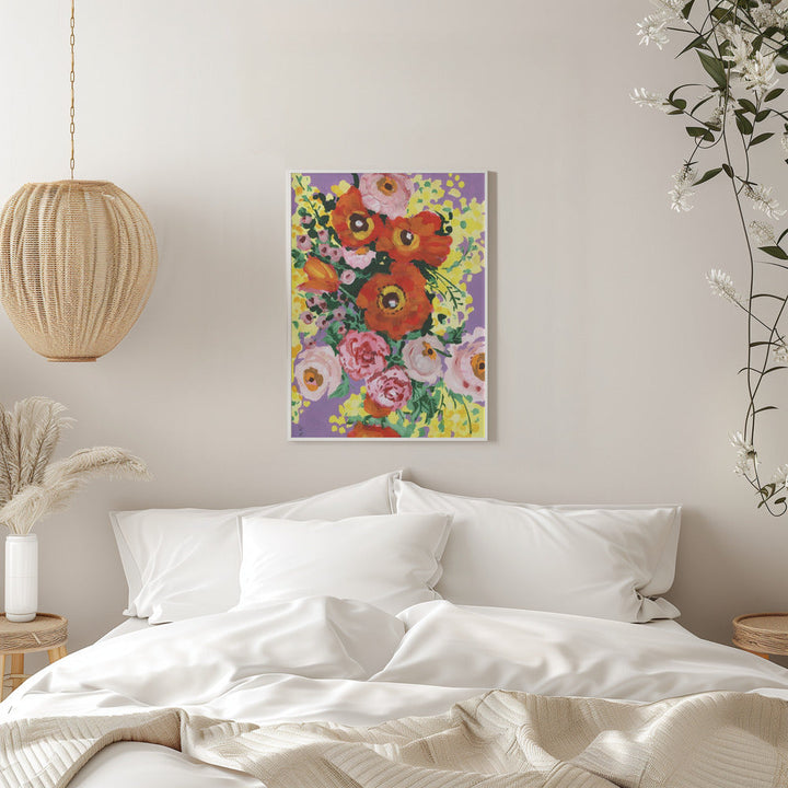 Red And Pink Bouquet On Violet - Stretched Canvas, Poster or Fine Art Print I Heart Wall Art